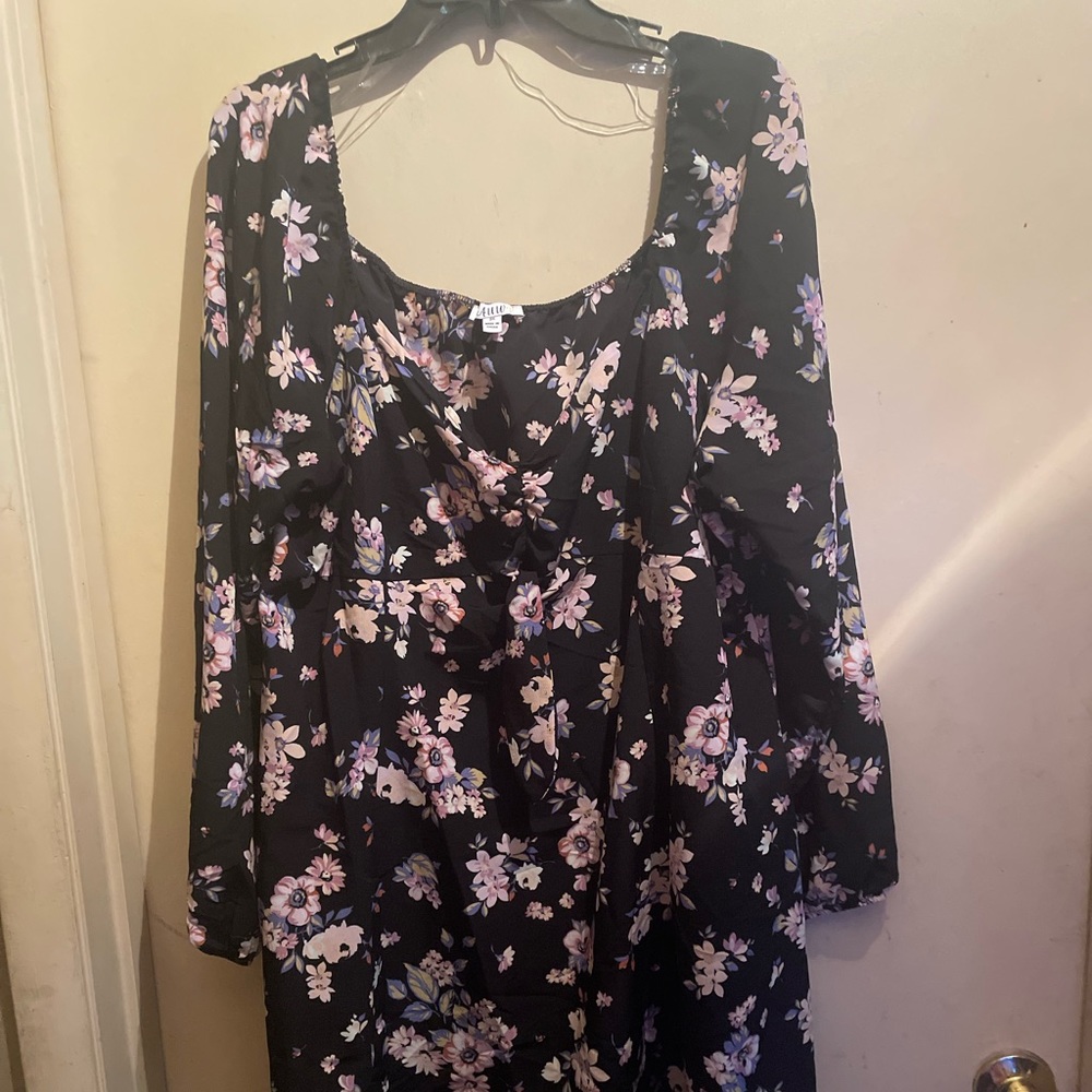 AUW Black Floral Long Sleeve Dress with Pink and Lavender Blooms